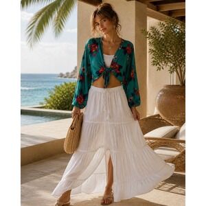 Express Wrap Crop Top Floral Tie Front Boho Bell Sleeve Teal Small